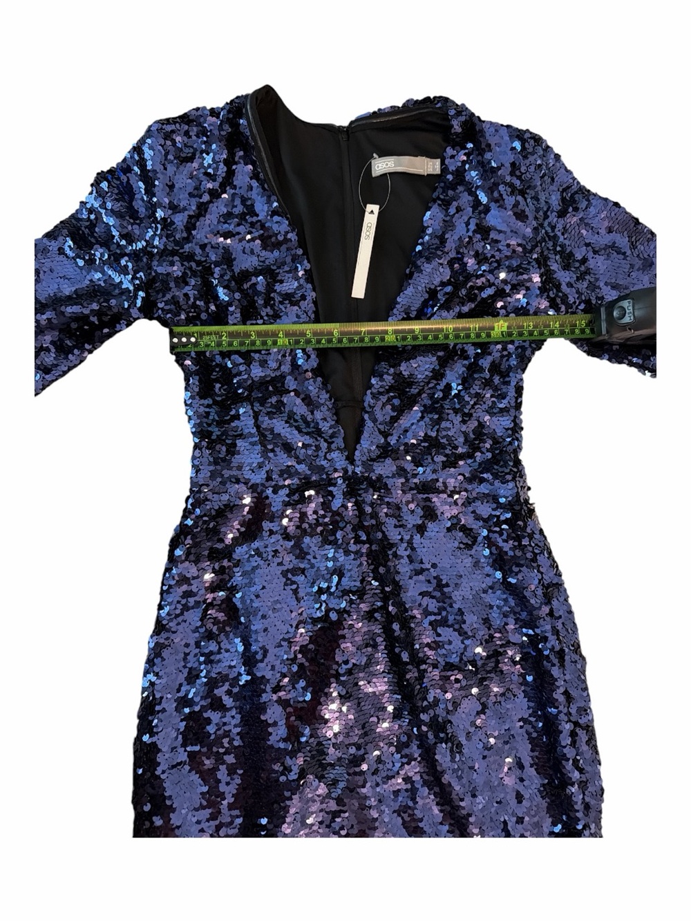 NWT ASOS Navy Sequin Plunge Neck Bodycon Mini Dress Long Sleeve US 2 - Picture 7 of 16